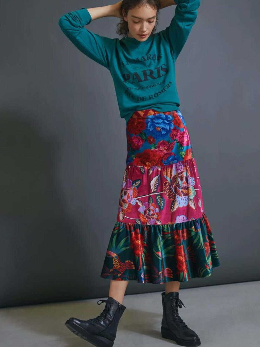 FARM RIO DREA TIERED VELVET MIDI SKIRT FLORAL BOHO ANTHROPOLOGIE XS